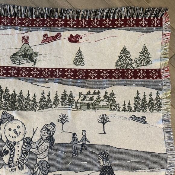 Vintage Winter Scene Snowman Christmas Tapestry Throw Blanket 45x58 - Picture 4 of 8
